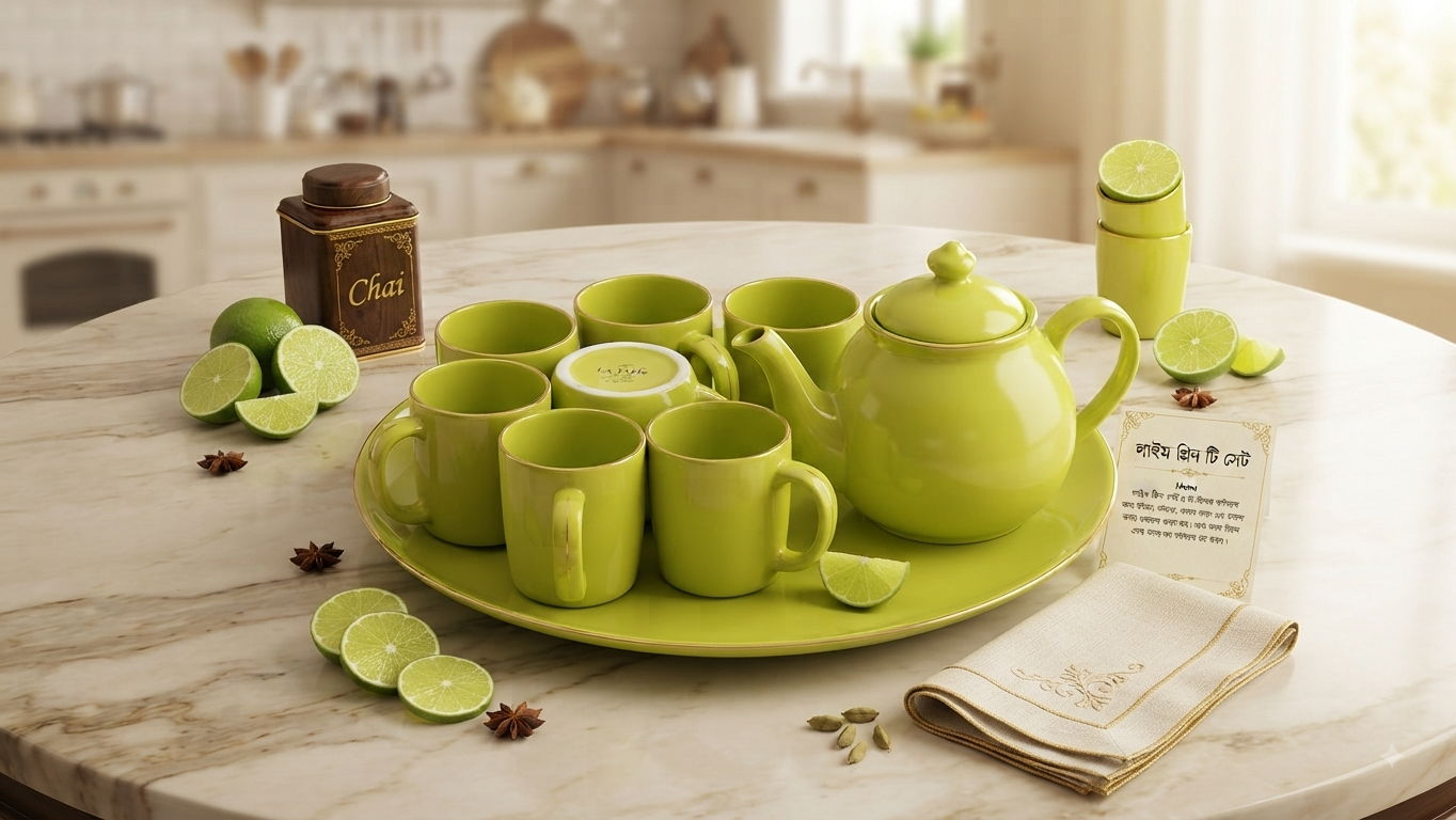 Lime Green Ceramic Tea Set (8 Pcs)