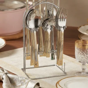 🌟 Royal Gold & Silver Cutlery Set with Stand 🌟
